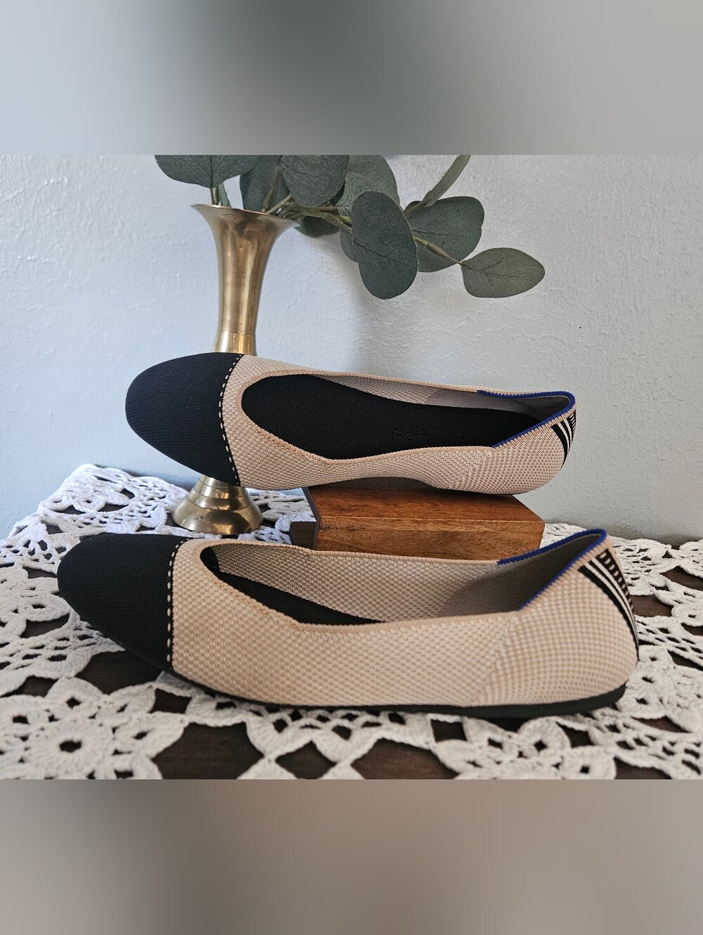 Rothy’s The Flat Tuxedo Cap Toe Ballet Flats Beige Black Size 9.5